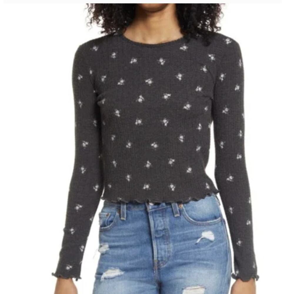 La La Land Creative Co Ribbed Floral Cropped Top in Gray NWT Size Medium